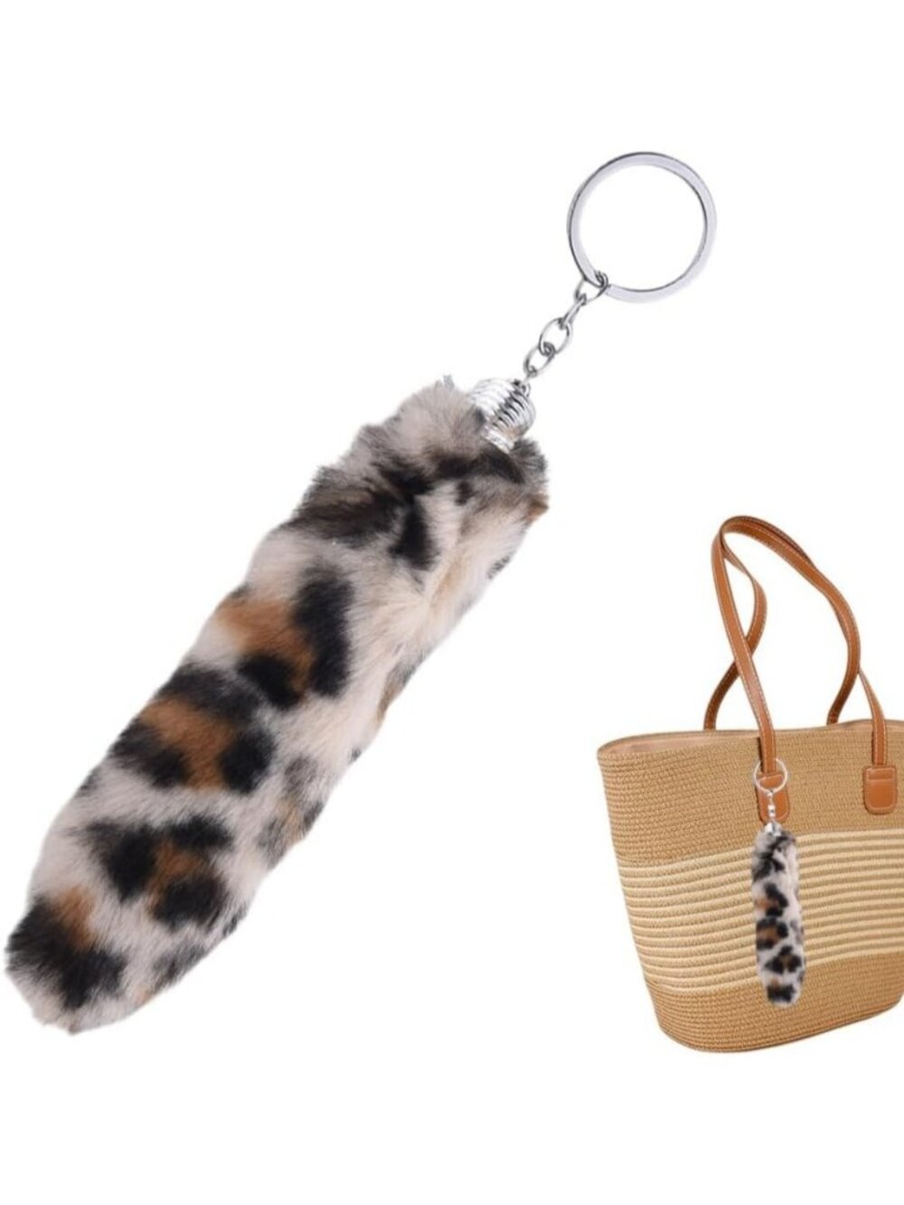 Brown Fuzzy Leopard Print Purse Charm Y2K Fluffy Tail Keychain for Bags and Cars